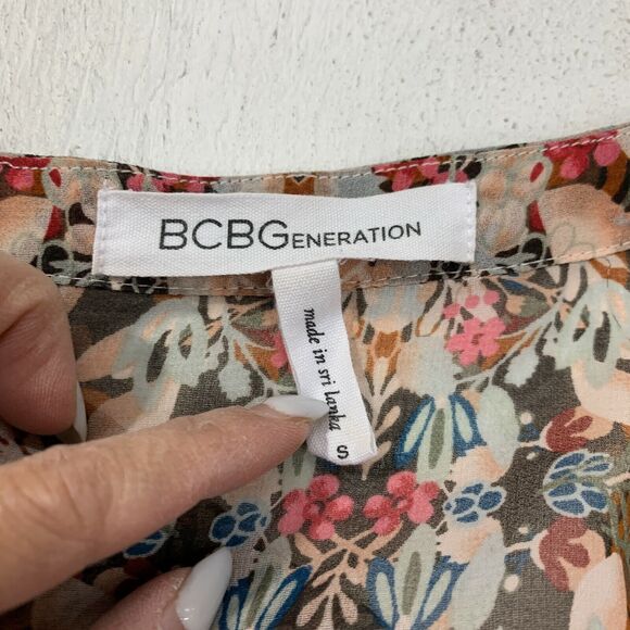 BCBGeneration Blouse Womens S Small Coffebean Multi Split Neck Faux Wrap Top - Picture 6 of 13